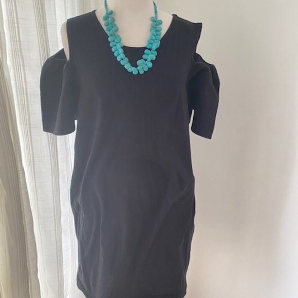 COUNTRY ROAD BLACK STRETCH JERSEY COTTON COLD SHOULDER SHIFT DRESS - SIZE M - Picture 6 of 7